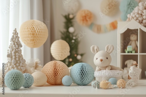 Pastel-colored birthday party backdrop with whimsical details, balls andd eco soft toy
