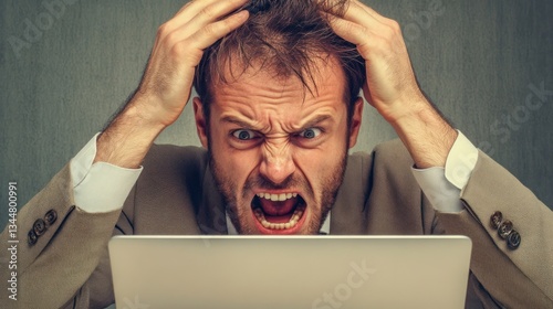 Businessman yelling at his laptop, hands gripping his hair, corporate office background, stress and frustration. photo