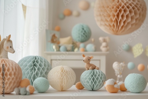 Pastel-colored birthday party backdrop with whimsical details, balls