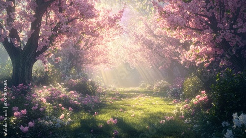 Tranquil Japanese garden with pink cherry blossoms in sunlight