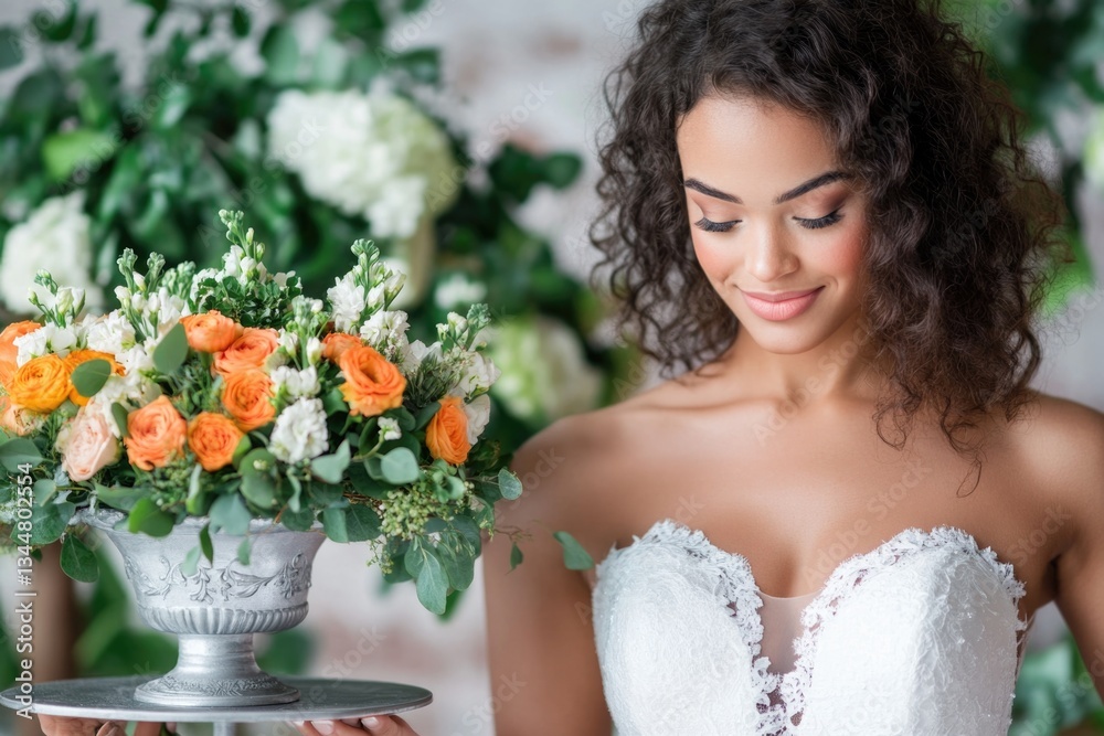 Elegant african female bride holding floral arrangement in lush garden setting Elegant african female bride holding floral arrangement in lush garden setting