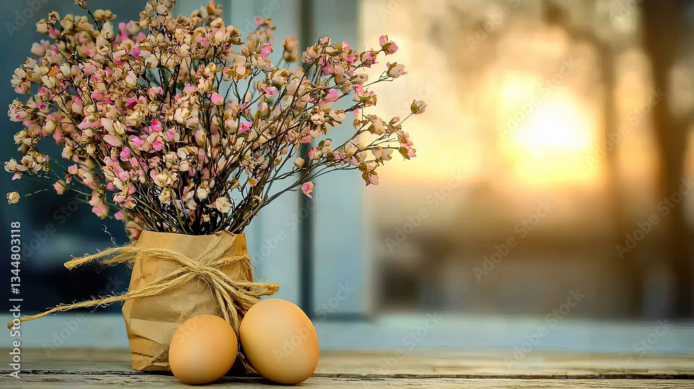 Dried flowers, eggs, window