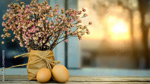 Obraz na płótnie Dried flowers, eggs, window w salonie
