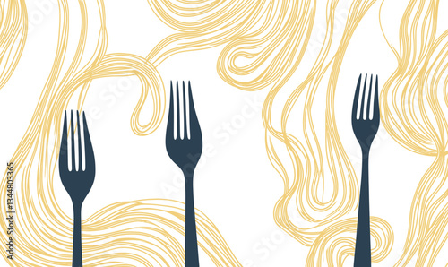 Minimalist Single Line Spaghetti Noodles with Forks Vector Illustration for Food Art