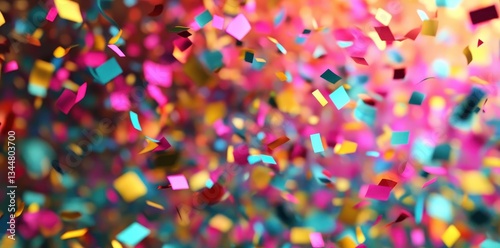 Flying colorful confetti creates a joyful celebratory and dynamic background