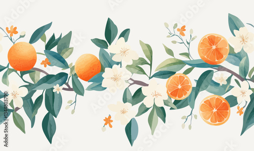 Watercolor Orange Blossoms and Fruits on Branches Minimalist Vector Illustration