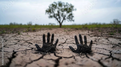 Obraz na płótnie Dry cracked earth, imploring hands w salonie