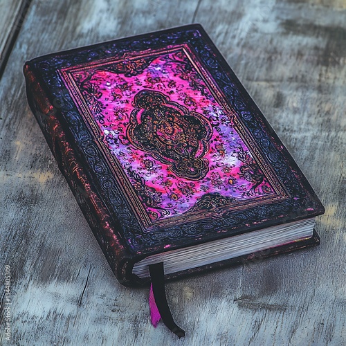 Ornate Book on Wooden Table. photo