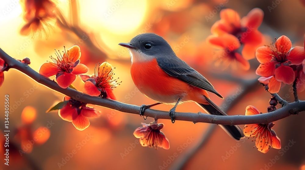 Fototapeta premium Flame robin perching on blooming branch at sunset
