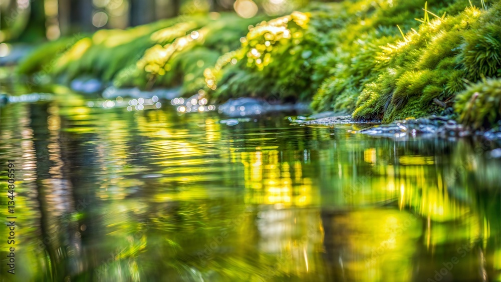 Serene forest stream reflecting sunlight on lush green moss Serene forest stream reflecting sunlight on lush green moss
