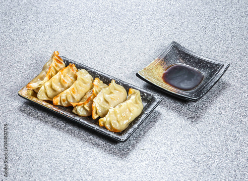 Photography Moon Fried Dumplings Gyoza with dipping sauce served in tray dish isolated on st