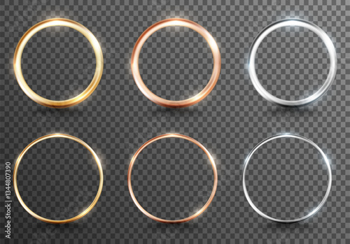 Set of golden, silver, and bronze ring frames, glowing light effects on a transparent background. Elegant luxury vector design elements for wedding invitation, decorative composition, digital artwork