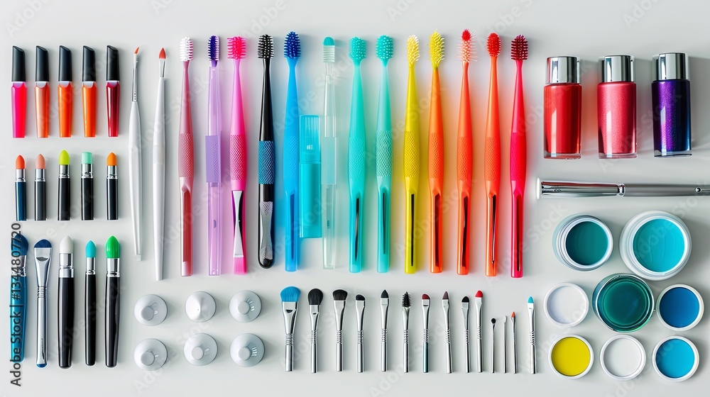 Vibrant collection of colorful manicure tools and nail polishes arranged neatly on a light surface for nail care enthusiasts Generative AI