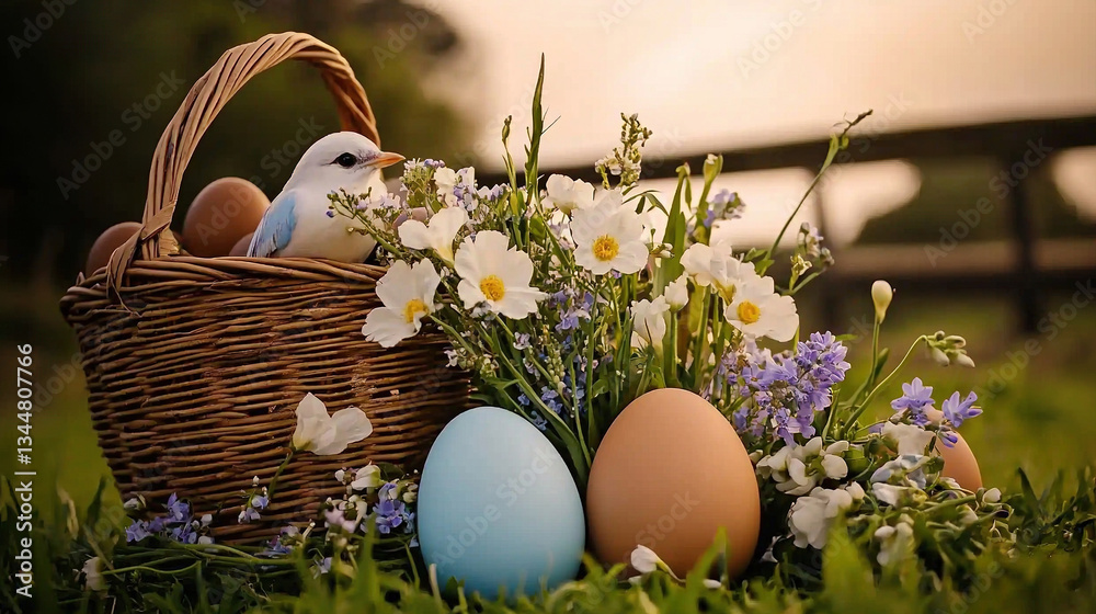 Easter basket with eggs and flowers