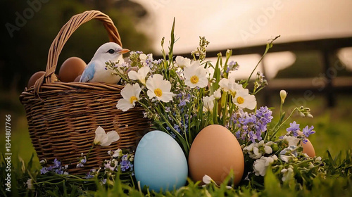 Obraz na płótnie Easter basket with eggs and flowers w salonie