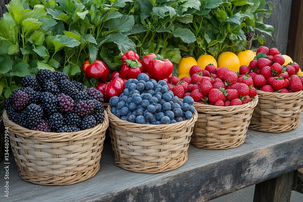 Assortment of fresh fruits and vegetables displayed in woven baskets Assortment of fresh fruits and vegetables displayed in woven baskets