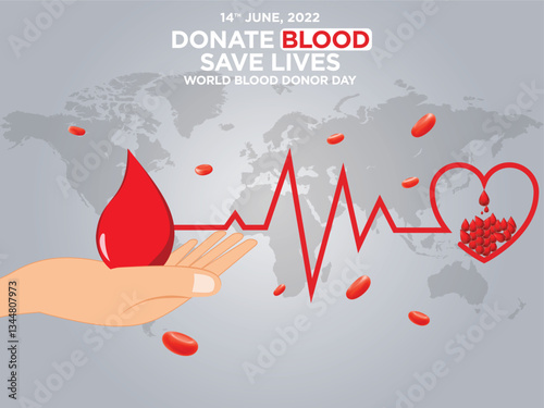 world blood donor day 14th june  drop in hand heart beat and heart in line art  photo