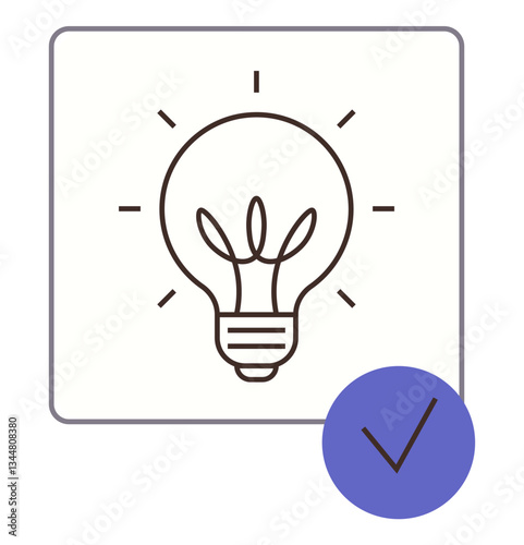 Light bulb with glowing rays paired with a blue checkmark representing ideas, creativity, approval, success, innovation, validation, and achievement. Ideal for strategy, decision-making and ideation