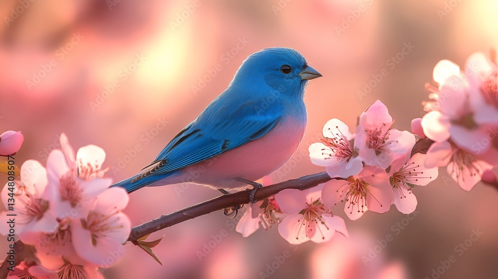 Colorful bird perching on blooming peach tree branch at sunset Colorful bird perching on blooming peach tree branch at sunset