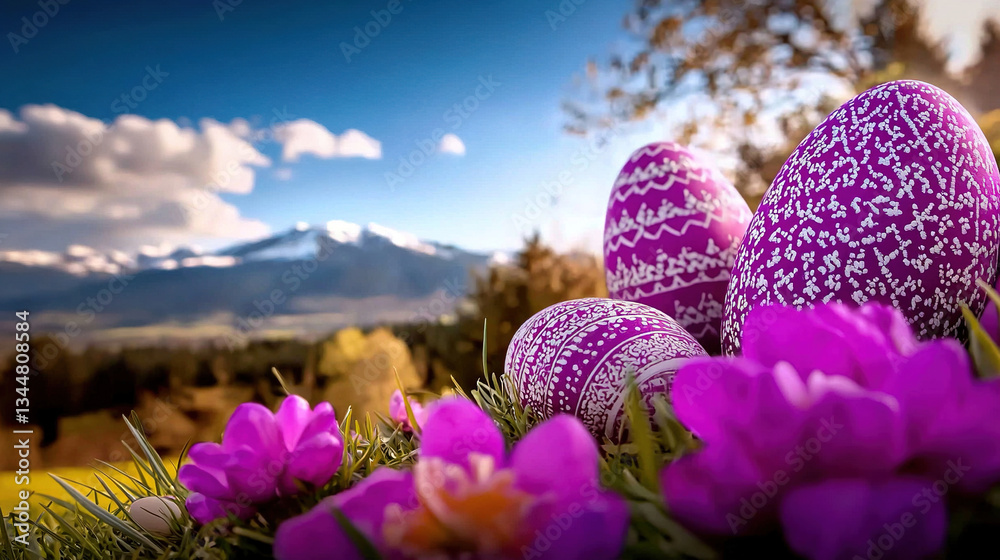 Easter eggs in meadow with mountain view