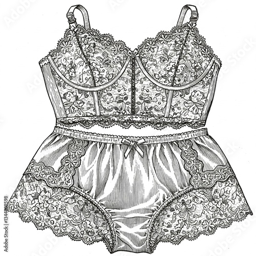 Lace lingerie set Engraved lingerie set, black and white, 30s clothing design
