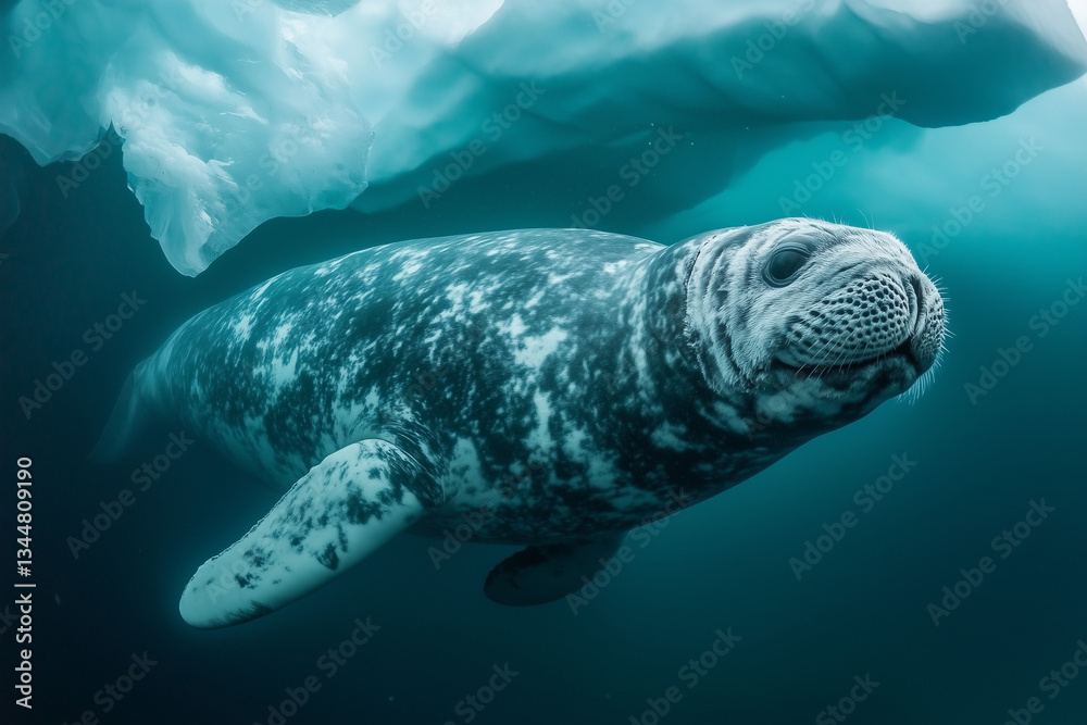 Fototapeta premium Close-up of a seal swimming in icy Arctic waters