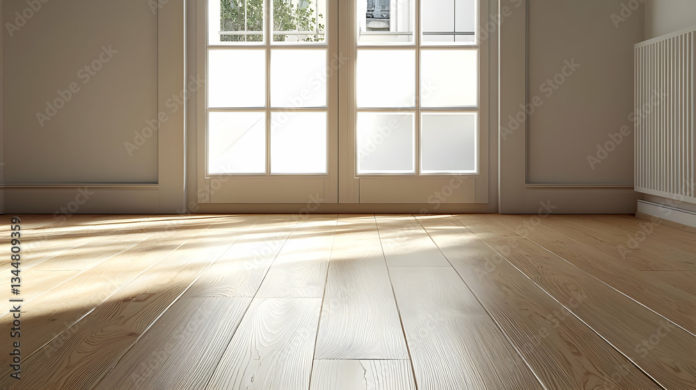 Fototapeta premium Sunlight Streams Through Window onto Wooden Floor in Bright Modern Interior with White Walls