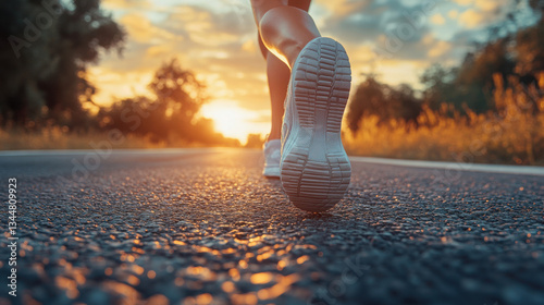 Athlete runner feet running on road closeup on shoe. woman fitness sunrise jog workout wellness concept.