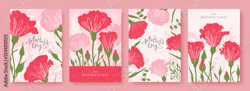 Happy Mother's Day. Set of spring postcards with hand drawn flowers. Red and pink carnations and beautiful handwritten inscription. Collection of templates for the design of festive promotional