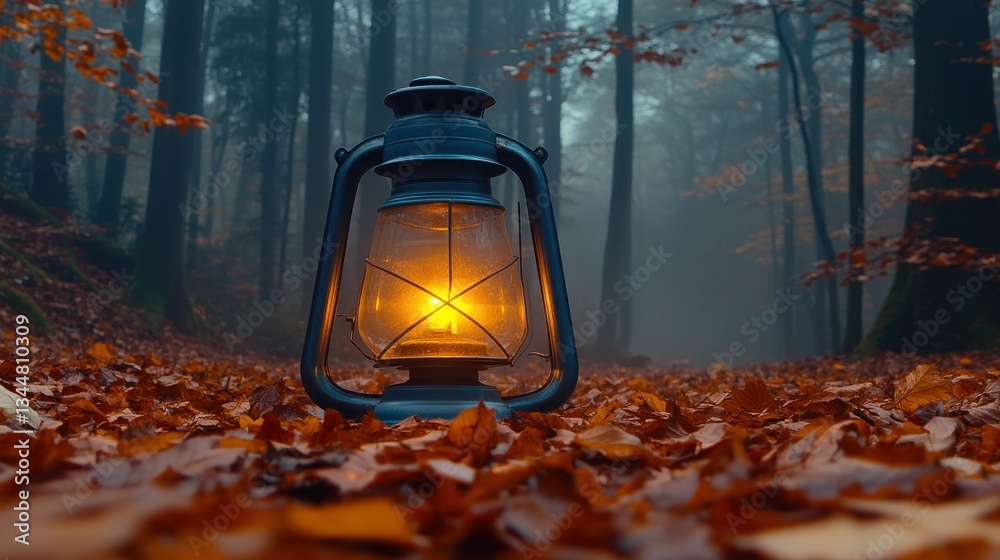 Forest lantern illuminates autumnal path Forest lantern illuminates autumnal path