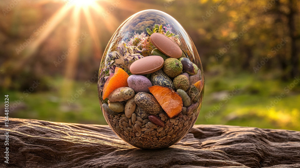 Egg-shaped container with mix of foods