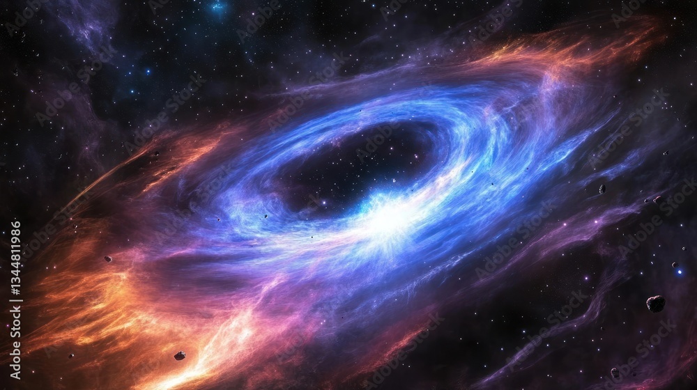 Cosmic vortex in deep space. Vibrant nebulae swirling around a central void Cosmic vortex in deep space. Vibrant nebulae swirling around a central void