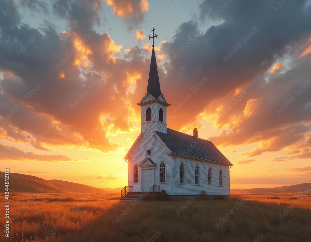 Naklejka premium Historic rural church stands under vibrant sunset, hope, faith, spiritual revival. Serene landscape with steeple, cross. Evangelical building shines in sunlight. Peaceful, quiet place for prayer.