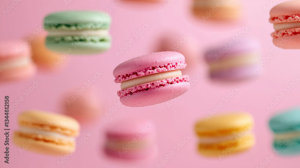 Obraz premium Delicate macarons suspended in midair, hovering above soft pink background with playful, airy composition