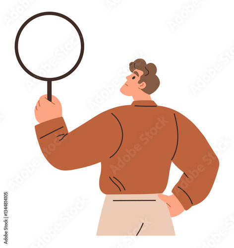 Man holding magnifying glass with confident posture, representing investigation, curiosity, research, learning, analysis, exploration, and discovery. Ideal for education self-improvement inquiry