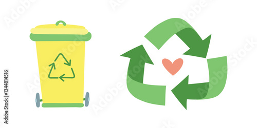 Recycling bin with arrows and heart symbol. Promotes ecofriendly waste management, zero waste lifestyle, sustainability practices, and environmental conservation.