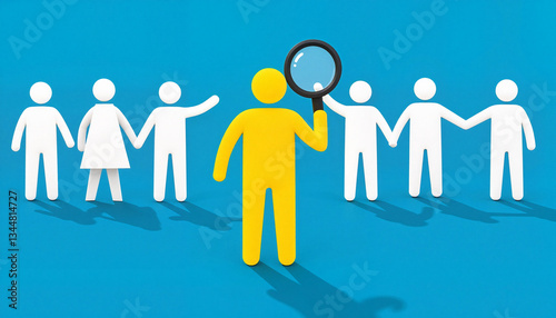 Yellow human icon under magnifying glass among white icons, customer focus