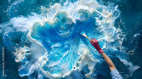 Creative Hand Painting Blue Ocean Wave Design with Brush Above Water Surface photo