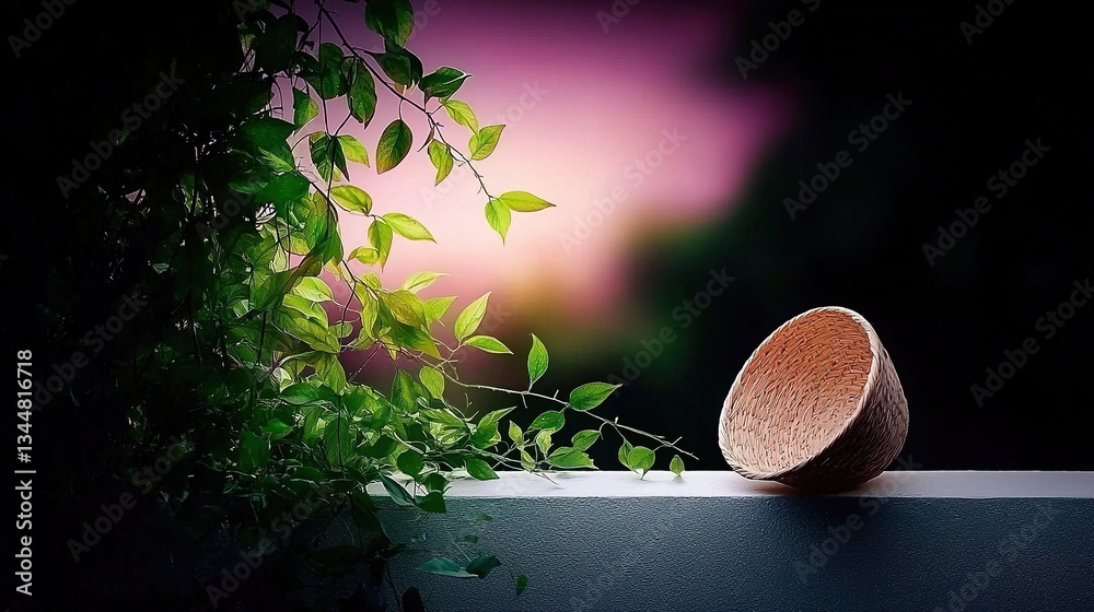 Empty bowl on ledge with foliage