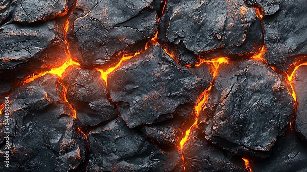 Glowing lava cracks between dark volcanic rocks in a fiery landscape Glowing lava cracks between dark volcanic rocks in a fiery landscape