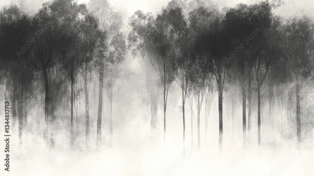 Obraz premium Ethereal Misty Forest Landscape with Tall Trees and Soft Foggy Atmosphere in Monochrome Shades of Gray