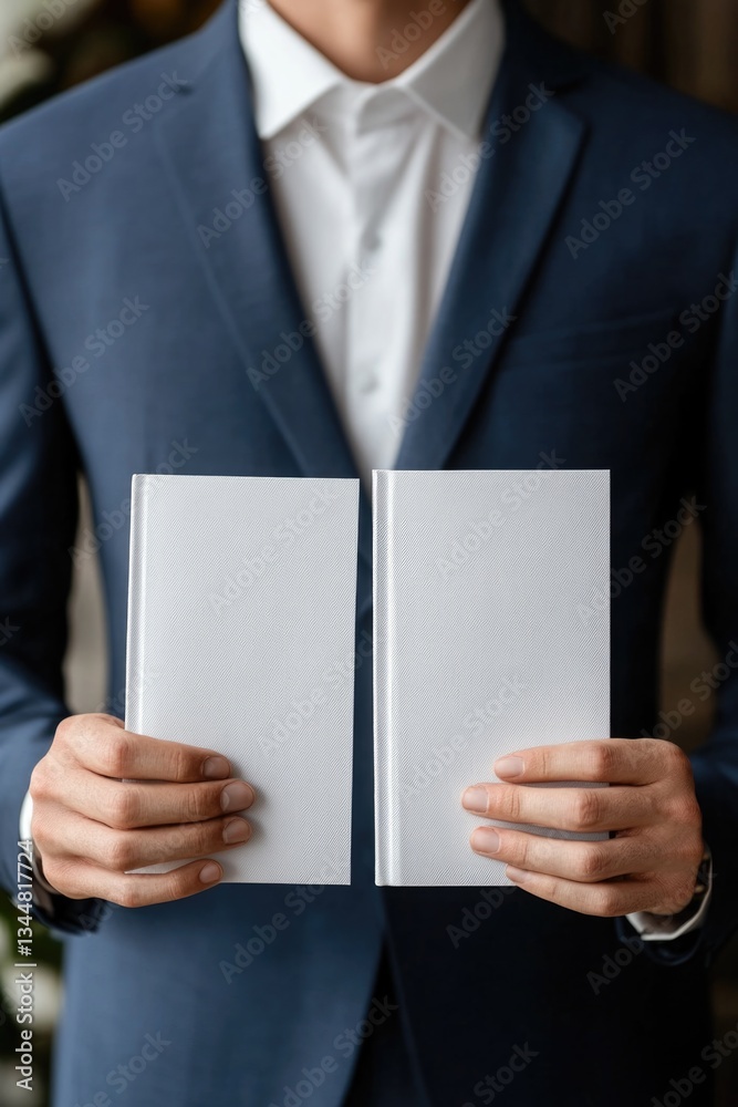 Young caucasian male in suit holding blank books Young caucasian male in suit holding blank books