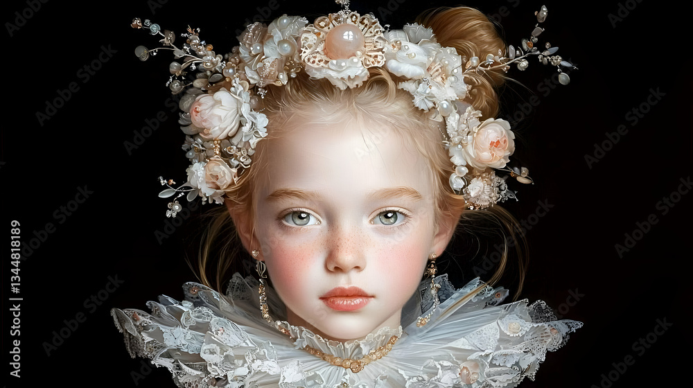 Delicate Portrait of a Young Girl with Floral Headpiece and Artistic Expression Delicate Portrait of a Young Girl with Floral Headpiece and Artistic Expression