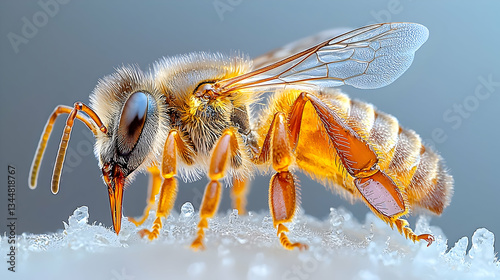 Detailed Close-Up of a Bee's Wings Showing the Delicate Structure and Vibrant Colors