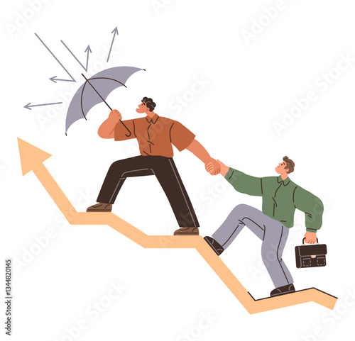 Two professionals climbing an upward arrow, one protecting from challenges with an umbrella while assisting another carrying a briefcase. Ideal for teamwork, leadership, support, goals, resilience