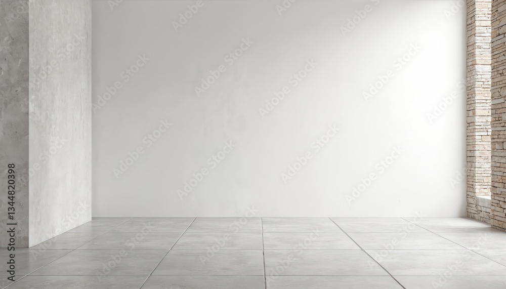 Abstract empty white interior with stone brick wall, concrete floor, stucco plaster element. New architecture design, light home space, grunge room, old style indoor hall, front gallery for product Abstract empty white interior with stone brick wall, concrete floor, stucco plaster element. New architecture design, light home space, grunge room, old style indoor hall, front gallery for product