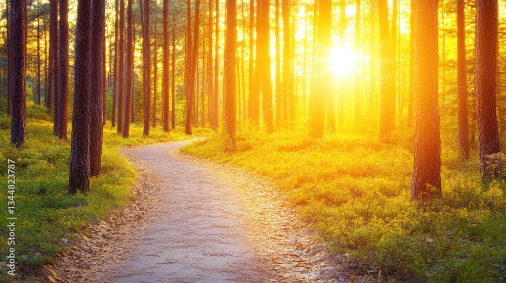 Winding path through golden forest at sunset Winding path through golden forest at sunset