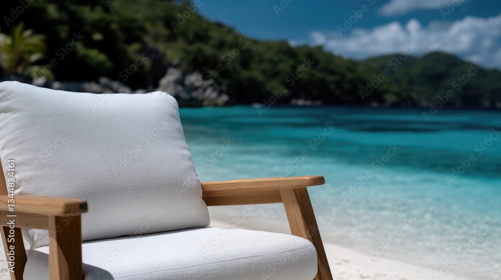 Fototapeta premium Coastal Outdoor Chair with Cushion. Tranquil beach scene with a comfortable, light-colored outdoor chair and pillow. Perfect for relaxation and enjoying the ocean view