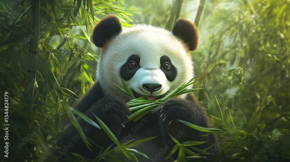Obraz premium Panda Eating Bamboo in Lush Forest. (1)