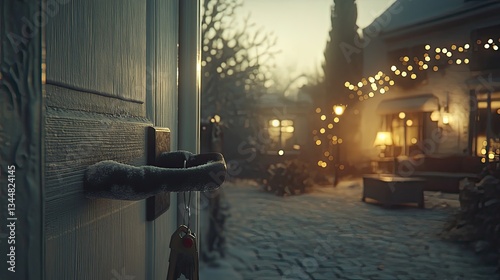 Winter evening, house door, snow, cozy courtyard, Christmas lights